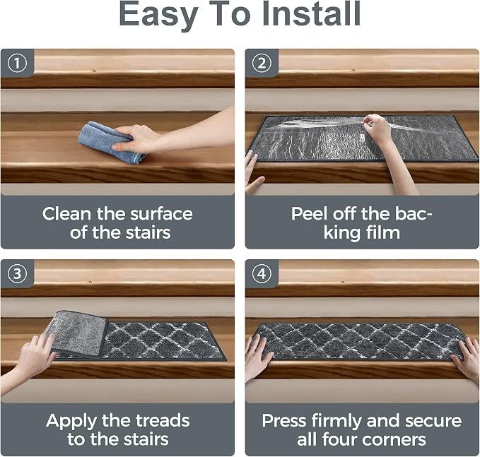 sarben 8"x30" Non Slip Stair Treads for Wooden Steps 15 Pack,Charcoal White | Peel and Stick Carpet Stair Runner with TPE Adhesive Backing, Carpet for Added Safety, Pet and Senior Friendly