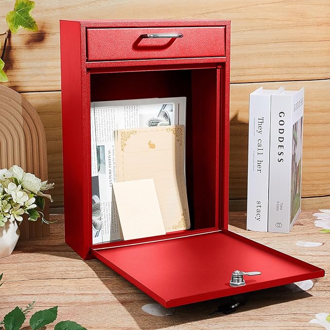 Yaocom Locking Mailbox with Key for Outdoor 16.2 x 11.2 x 4.7 Inches Large Wall Mount Mail Box with Lock Security Mail Drop Metal Collection Boxes Hanging Secure Postbox(Red)