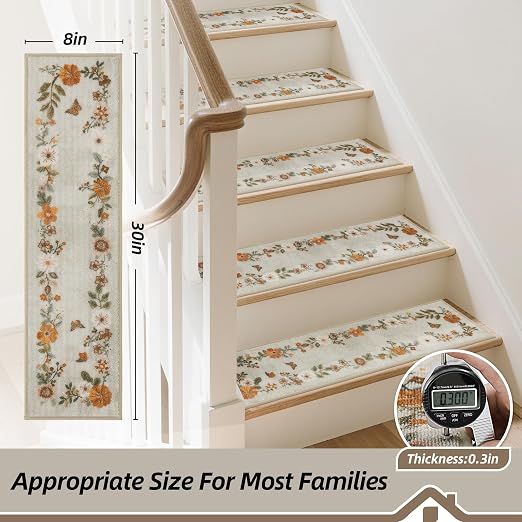 BEQHAUSE Stair Treads for Wooden Steps, 8"X30", 15pcs, Beige/Orange | Non-Slip Machine Washable Carpet Stair Treads, TPE Backing, 100% Polyester, Soft Indoor Stair Runner for Kids Elders and Pets