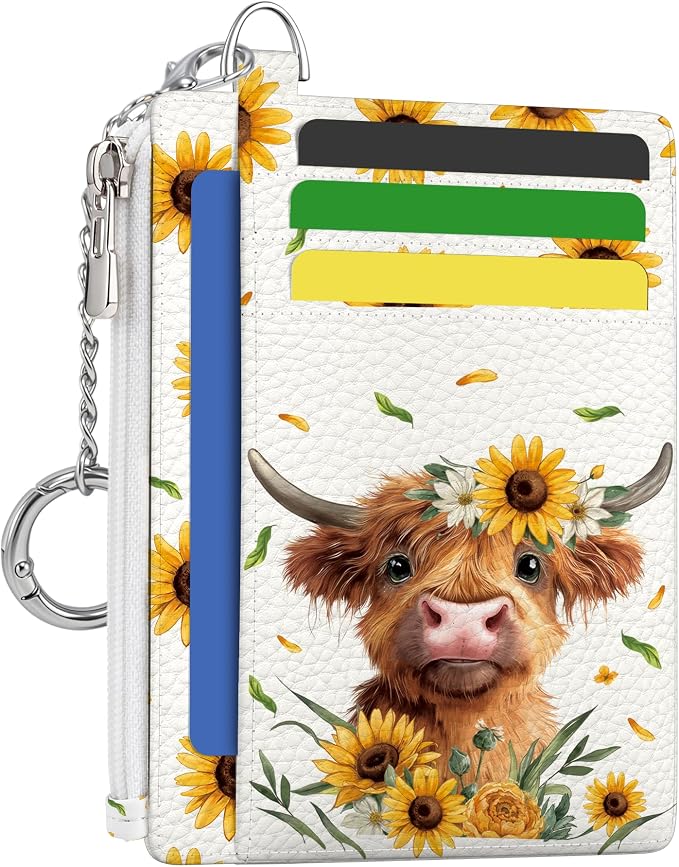 Hancynir Highland Cow Credit Card Holder Small Wallet Women, Cute Slim RFID | Sunflower Zipper Keychain Wallet, Thin Travel Coin Pocket, PU Leather, Minimalist Card Case, 6 Card Slots, Ladies Women Gifts
