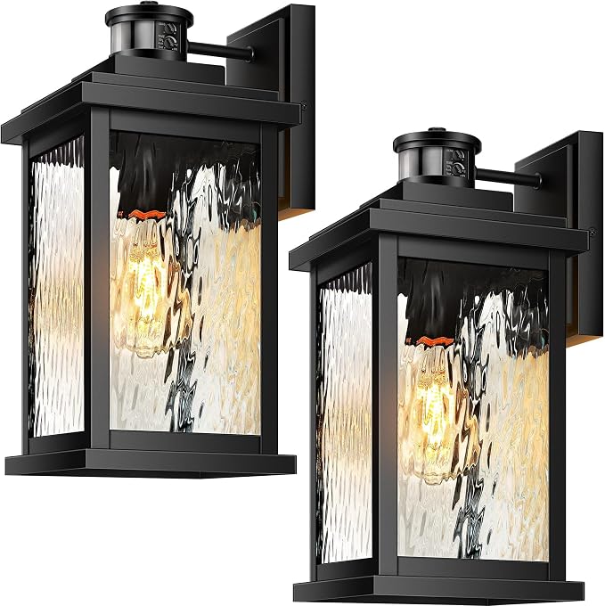 VIANIS Large Advanced Motion Sensor Outdoor Lights, Outdoor Wall Lights | Easy-to-Install, Aluminum Waterproof Porch Light, Water Glass, Black Dusk to Dawn Outdoor Wall Lights for Porch, Garden, Door