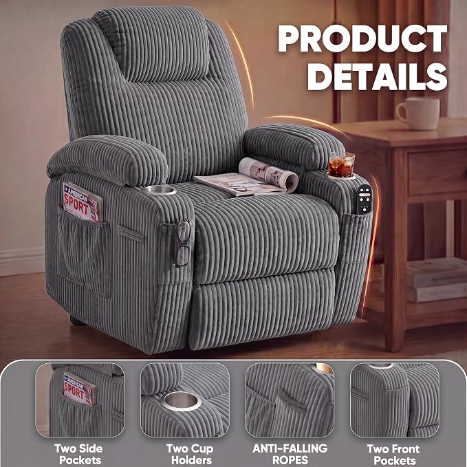 Flamaker Power Lift Chair Massage Recliner Chairs for Elderly | Ergonomic Lift Recliner Design with Cup Holders & Side Pockets, Remote Control (Corduroy, Dark Gray)