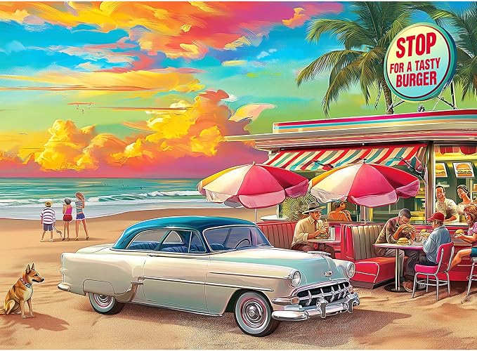 500 Piece Jigsaw Puzzle for Adults, Retro Beach Diner & Classic Car | Vibrant sunset, ocean views, retro beachside charm, family game night, screen-free fun, wall decor and unique gifts