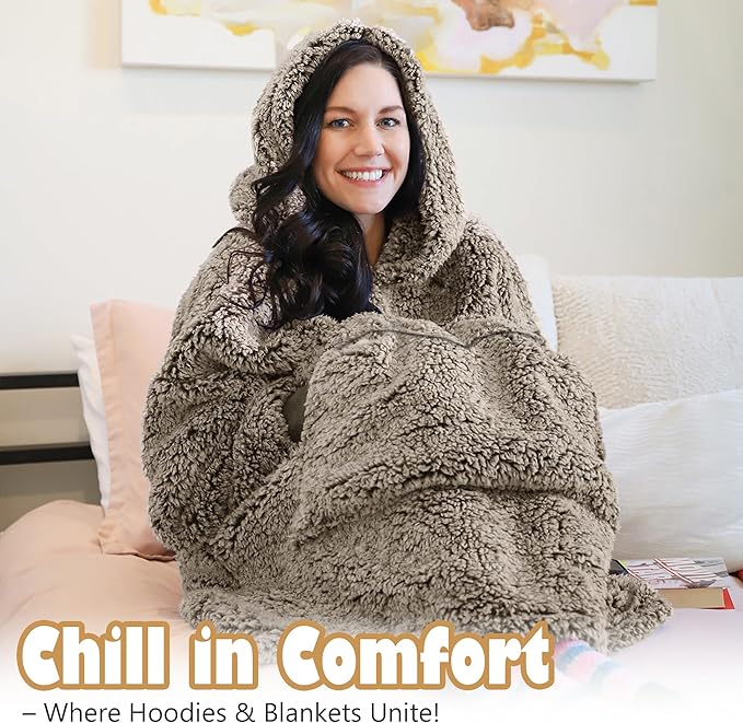 Catalonia Oversized Blanket Hoodie Sweatshirt, Wearable Sherpa Lounging Pullover for Adults Women Men