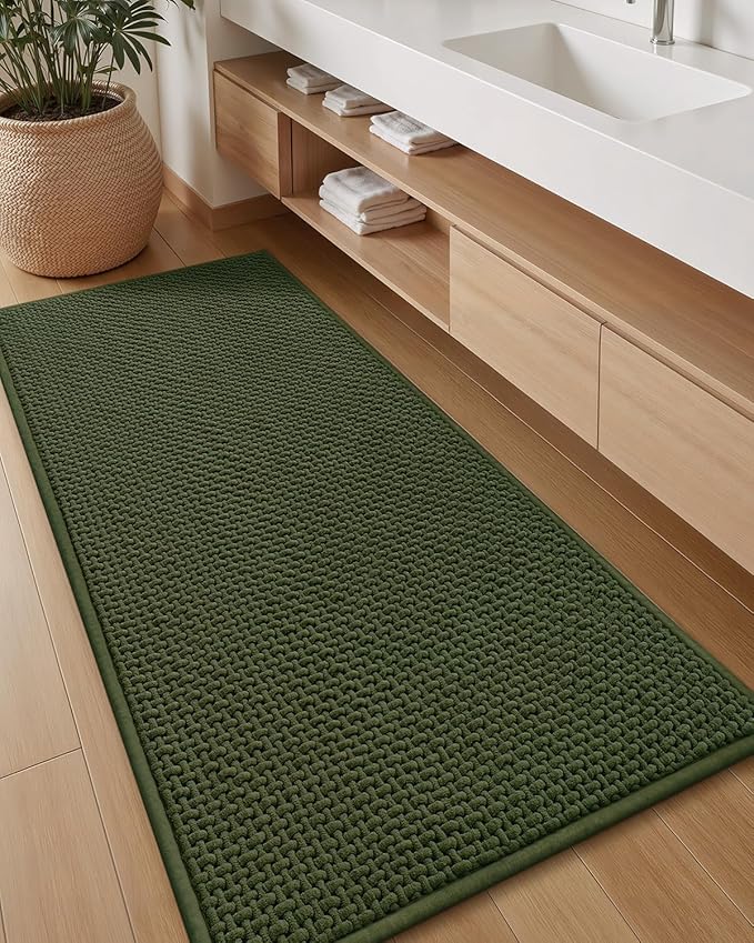 Color&Geometry Chenille Pile Large Bathroom Rugs Upgraded Denser, 24"x59" Non Slip Absorbent Green Bath Mats for Bathroom Thin Fit Under Door, Washable Quick Dry