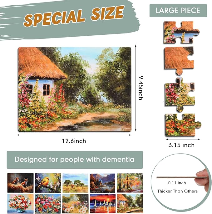 Hiboom 10 Pack 16 Piece Large Jigsaw Dementia Puzzles for Alzheimers Senior Easy Puzzles Dementia Products for Elderly Adults Gifts Memory Cognitive Games Christmas Activities, 9.45 x 12.6 Inch(Vivid)