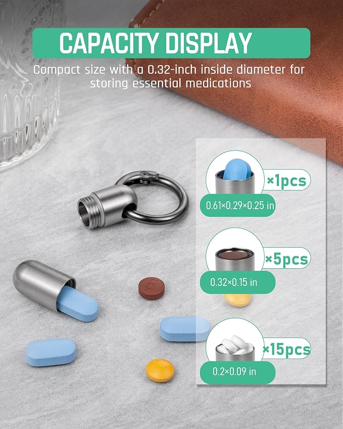 TISUR Small Titanium Keychain Pill Holder, Pocket Pill Case for Travel | Waterproof Pill Fob,Portable Pill Box Container,Purse Pill Organizer Tube