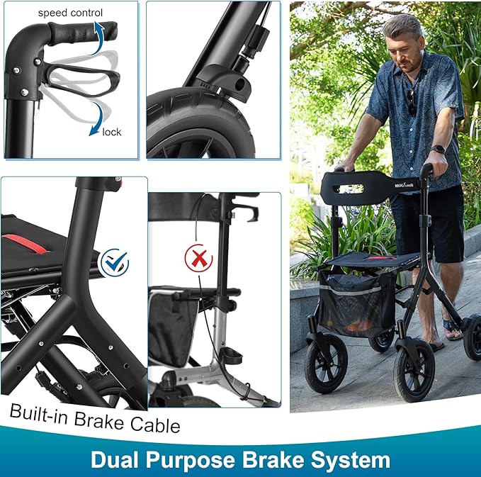 Rollator Walker with Seat, Tall Walkers for Seniors, 12" Big Rubber Wheels All Terrain Rollator Walker with Backrest, Built-in Cable, Foldable and Dual Adjustable Height for 5.3-7ft, Black