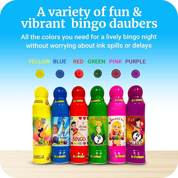 Lucky Lady Bingo Daubers for Adults - 6-Pack Assorted Colors Bingo Markers - Smooth & Even Application, Non-Drip & Quick-Dry Formula, Made with Dab-O-Ink