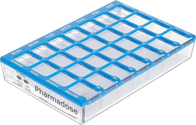 Ezy Dose Weekly (7-Day) Pill Case, Medicine Planner, Vitamin Organizer Box, Small Compartments with Easy Fill Tray, 4 Times a Day, Clear Lids, Color May Vary, BPA Free