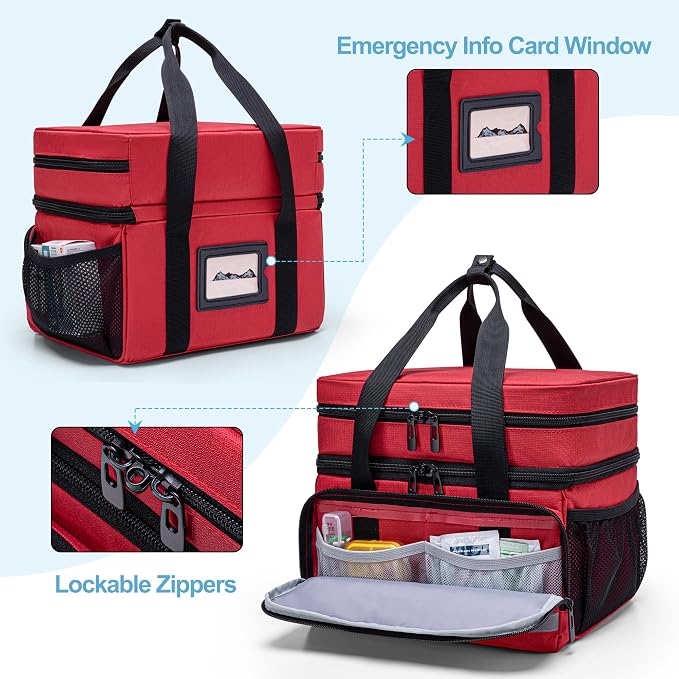 CURMIO Double Layers Pill Bottle Organizer, Medicine Storage Case, Red | Emergency Medical Supplies for Home Care, for First Aid Kits, Multifunctional Bag, Home Storage, Dormitory, Travel, Empty Bag