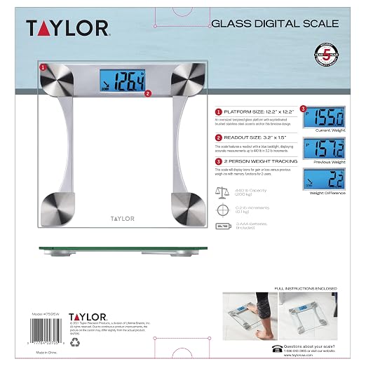 Taylor Digital Bathroom Scale with Glass Platform and Blue Backlit Display - Body Weight Scale, 440 lb Capacity, 2-User Weight Tracking, 12.2 in Platform, Clear