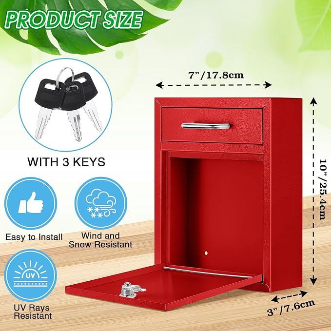 Yaocom Locking Mailbox with Key for Outdoor 10 x 7 x 3 Inches Small Wall Mount Mail Box with Lock Security Mail Drop Metal Collection Boxes Hanging Secure Postbox(Red)
