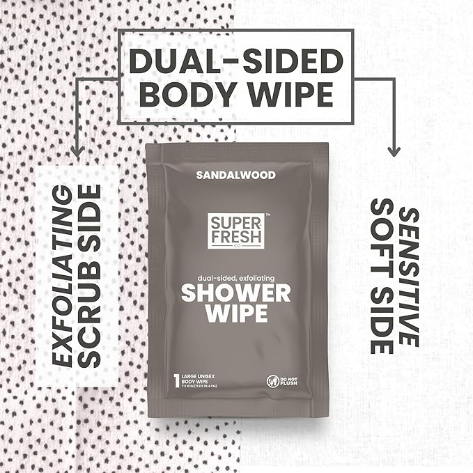 Super Fresh Shower Wipes Large Sandalwood Body Wipes for No Rinse Bathing Personal Hygiene Gym Travel or Camping Enriched with Aloe and Vitamin E 20 Individually Wrapped Disposable Sheets