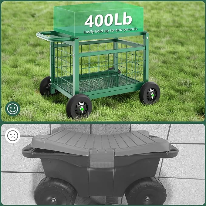 Garden Cart with Seat,3-in-1 Rolling Seat with Wheels for Seniors Gardening | Upgraded Heavy Duty Gardenning Cart with Seat, Supports up to 500 LBS for Seniors, Lawn, Patio & Backyard Gardening, Green