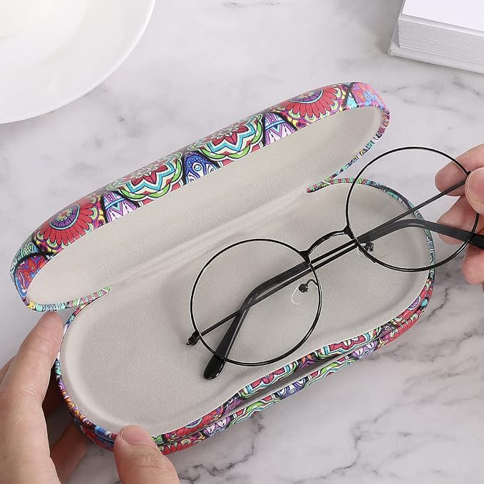 MoKo Double Eyeglass Case, Contact Lens Case with Mirror Tweezers Remover, 2 in 1 Double Sided Portable Contact Lens Box Holder Container Storage Kit Sunglasses Pouch for Men & Women, Rhombic Datura