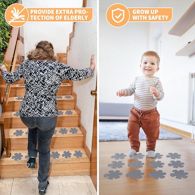 Non Slip Bathtub Stickers, 24 PCS Shower Stickers for Safety Bathroom Tubs, Bathtub Non Slip-Sticker and Adhesive Decals Scraper for Bath Tub, Shower Floor, Stairs, Ladders(Flower Shape, Grey)