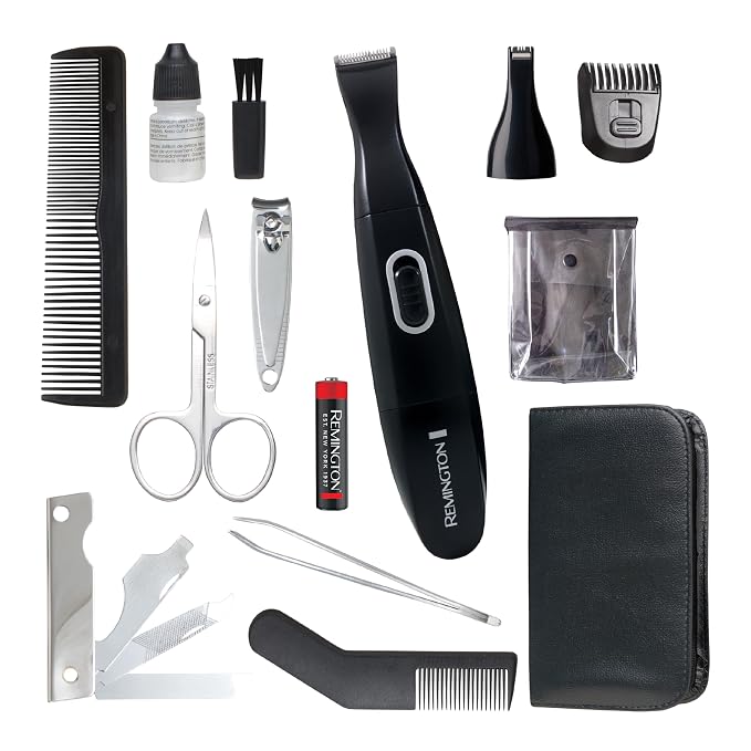 Remington Precision Grooming Travel Kit, Black, 15 Piece Set for Beard | Detail Trimmer with 8 Lengths, 5-Length Adjustable Comb, Battery Powered, Includes Nail Clippers, Tweezers, Lint Brush