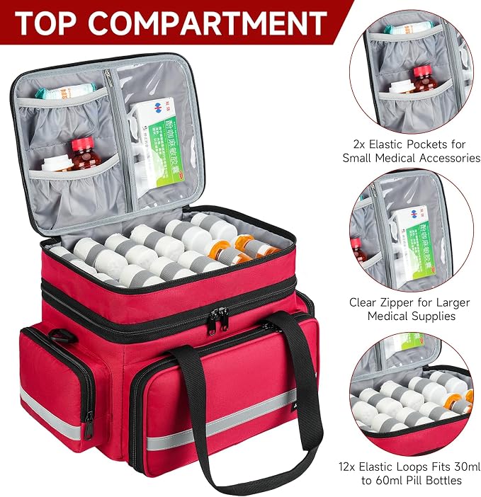 Large Pill Bottle Organizer, Double Layers Medicine Storage Bag with Lockable Zippers and Shoulder Strap,Medication Travel Bag for Prescription Bottles, Vitamins & Medical Supplies, Red (Bag Only)