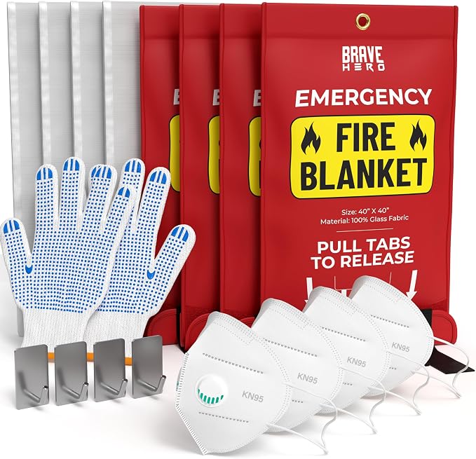 Fire Safety Kit | Kitchen Fire Blanket with Gloves & KN95 Masks | Emergency Fire Suppression Blanket