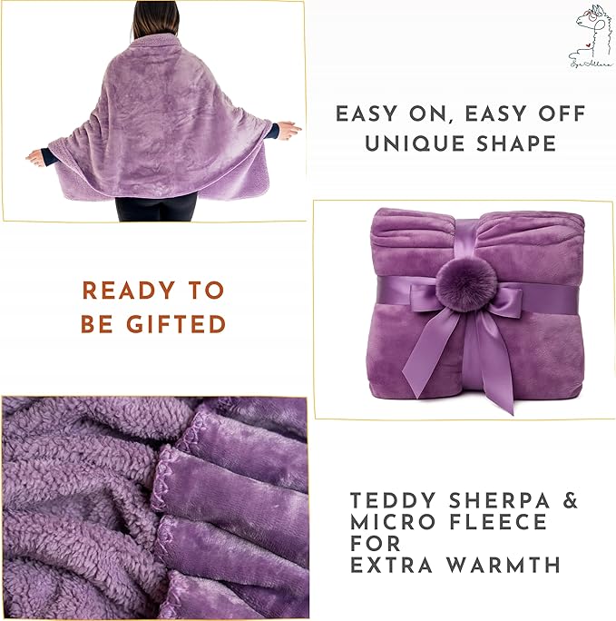 Premium Double Layer Wearable Blanket for Women - Drape and Go No Sleeves- Shawl Wrap with Pockets - Grandma Mom Gifts for Her (Velvet Lavender)