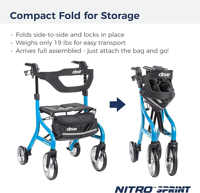 Drive Medical Nitro Sprint Rollator Walker with Seat, Tall Height, Blue | Lightweight Rollator with Large Wheels Offers Foldable, Four Wheel Support for Tall Users Every Single Day