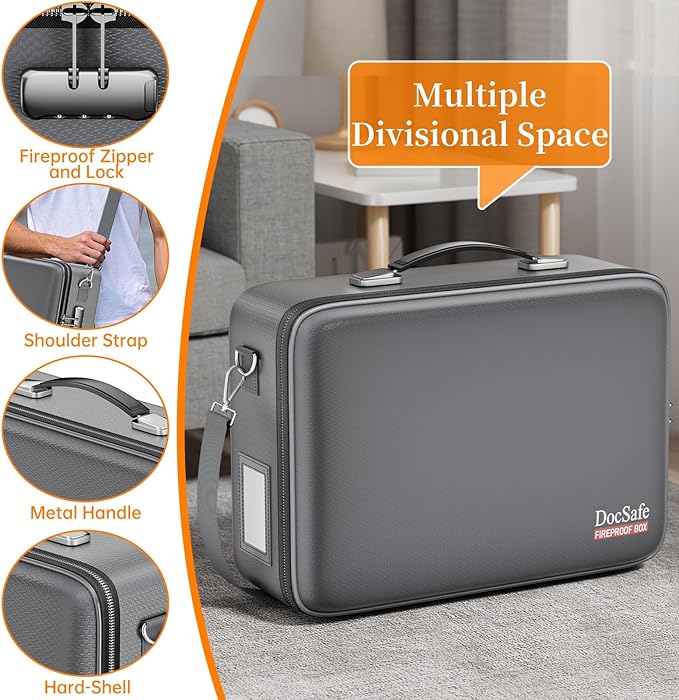 DocSafe Fireproof Document Box Hard Case with Lock ＆ Accordion File Folder | Fire and Water Resistant Safe Box,File Organizer,Multi-Pocket,Home Office Travel Storage for Important Document,Laptop,Gray