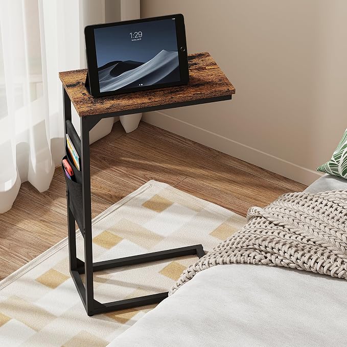 TUTOTAK C Shaped End Table, Side Table for Couch, Sofa Table | with Storage Bag, Set of 2, TV Tray for Living Room, Bedroom, Brown TB01BB0822