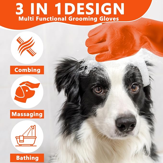 Pet Grooming Gloves—Dog Washing Gloves with High-Density Teeth, Dog Bath Scrubber with Enhanced Five Finger Design, Silicone Gloves for Dogs and Cats Bathing, Massage (Orange)