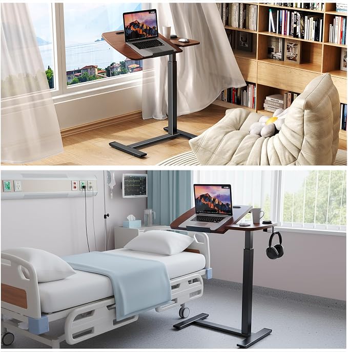 Overbed Table with Wheels, Pneumatic Height and Tilting Desktop | Top Tilts 0-60° with Anti-Slip Stops, Hook, Capacity 66 lbs, 1.18 in Low-Profile Base Slides Easily Under Beds and Sofa