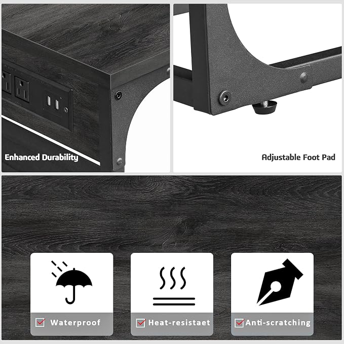 TUTOTAK C Shaped End Table with Charging Station, Side Table for Sofa | Couch Table with Storage Bag, TV Tray with 2 USB Ports and Outlets, Living Room and Bedroom, Grey TB01BY024