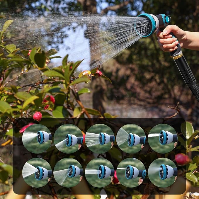 Garden Hose 50 ft, Non-Expandable Lightweight Water Hose, 360° Swivel Fittings, 10-Pattern Spray Nozzle Flexible Hose for Yard, Lawn, Ourdoor Ues