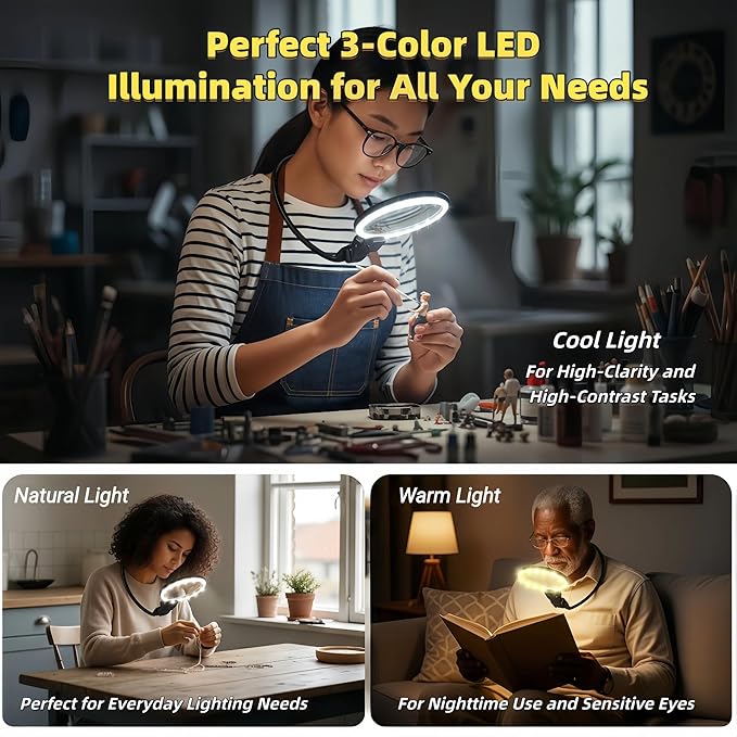 Hands-Free Neckband Magnifier & Magnifying Glass with Light for Seniors – Rechargeable 5X/10X Large 5.3" Lens for Close Work, Reading, Sewing, Cross-Stitching, Crafts