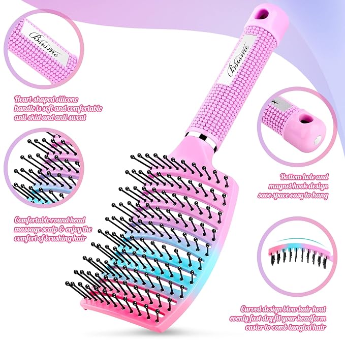 Bsisme Hair Brush, Curved Vented Detangling Brush for Faster Blow Drying | Paddle Styling Brush for Wet & Dry Hair, Flexible Bristles for Women Men Kids with Thick Curly Fine Wavy Straight Hair