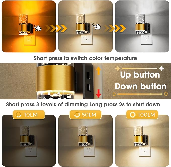 Night Lights Plug into Wall, Dimmable Night Light with Dusk-to-Dawn Light Sensor, Soft White/Cool White/Amber 3 Light Color, Adjustable Brightness, Rotatable plug, Bubble Nightlight for Hallway