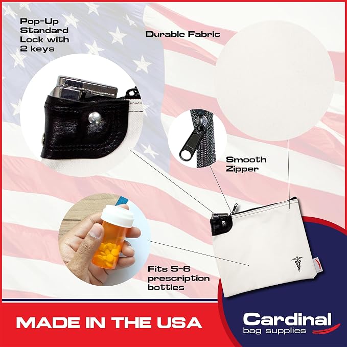 Canvas Medication Organizer Lock Bag, White, 8 x 10 | Travel Pill Organizer, 2 Keys Included, Heavy Duty Lock System, Pill Pouch