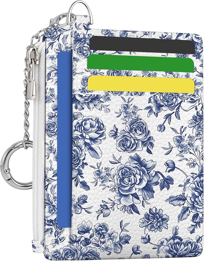 Hancynir Floral Flower Credit Card Holder Small Wallet Women Slim RFID Cute | Zipper Keychain Pocket Wallet, Thin Travel Coin Purse, PU Leather, Minimalist Card Case, 6 Card Slots, Ladies Women Gifts