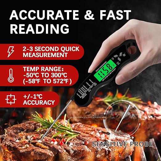 Cooking Thermometer，IP67 Waterproof Meat Thermometer Digital | Backlight，Magnetic attraction，Hold Function，Instant Read，LED screen，for Cooking,Outdoor Grilling