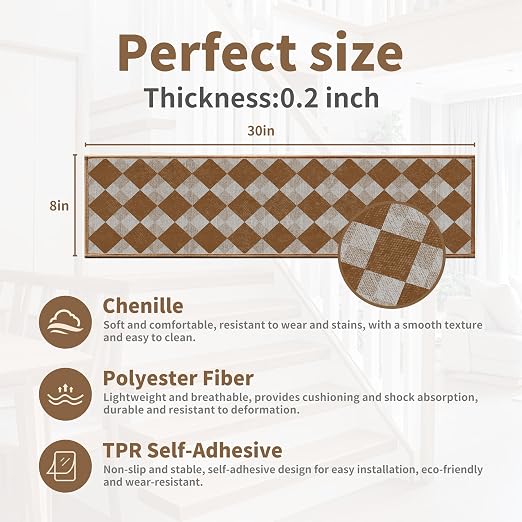 Non Slip Stair Treads for Wooden Steps, 15 Pack 8"x30" Washable Carpet | 8x30 in soft chenille polyester stair treads with reusable TPE backing for indoor wood stairs, dogs, kids, and seniors