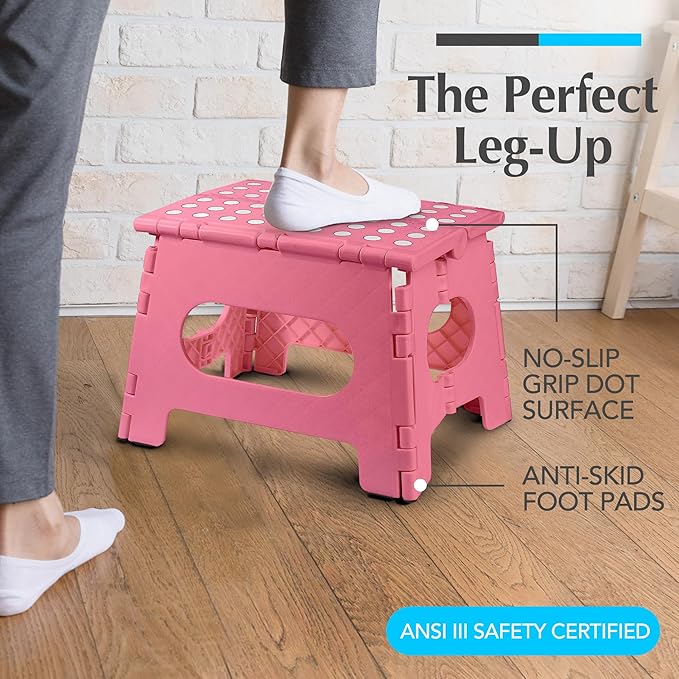 Handy Laundry Folding Step Stool 9 Inch 2 Pack, Holds 300 lbs, Non-Slip | Foldable Collapsible Plastic Stools for Adults and Kids with Handle, Lightweight for Kitchen, Bathroom, Bedroom, Pink