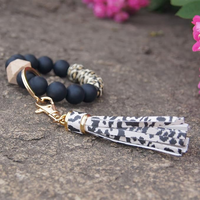 BAOSIWA Silicone Beaded Bracelet Keychain Wristlet Key Ring Bangle Chains for Women with Leather Tassel