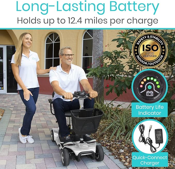 Vive 4 Wheel Mobility Scooter - Electric Powered Wheelchair Device - Compact Heavy Duty Mobile for Travel, Adults, Elderly - Long Range Power Extended Battery with Charger & Basket
