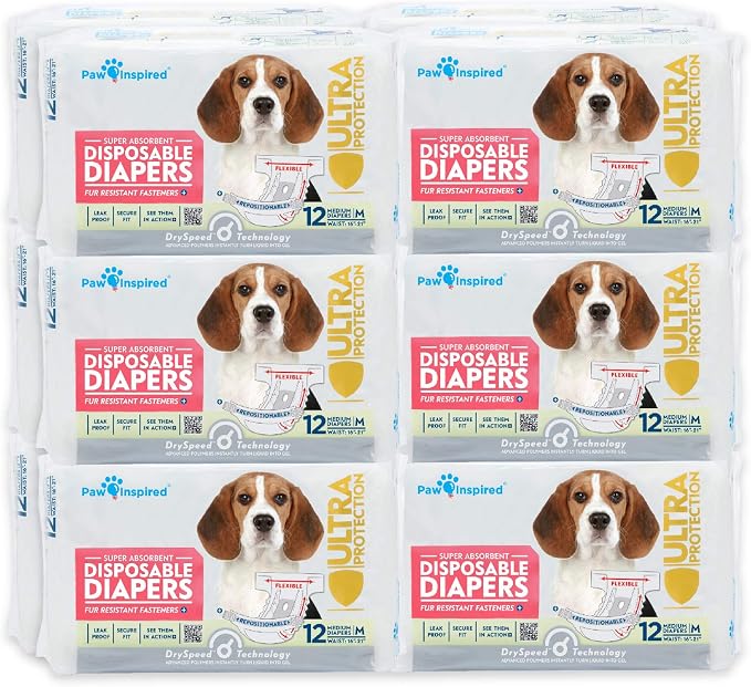 Paw Inspired Disposable Dog Diapers | Female Dog Diapers Ultra Protection | Diapers for Dogs in Heat, Excitable Urination, or Incontinence (144 Count, Medium) | Ultra Protection, Adjustable Fasteners, Comfortable Fit, Leakproof Core, For Dogs in Heat, ...