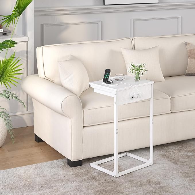 sthmec C Shaped End Table with Charging Station,45° Tiltable Adjustable Flip Top Side Table Set of 2,Small C Table Set 2 for Small Spaces,Slide Under Couch Sofa Bedside Table Living Room,White