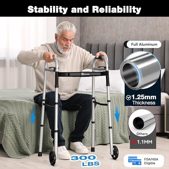 Whlicks Narrow Folding Walkers for Seniors,Aluminum Lightweight Walkers with Wheels, Adjustable Width and Height Front Wheel Walker for Elderly and Disabled, Supports up to 350 lbs