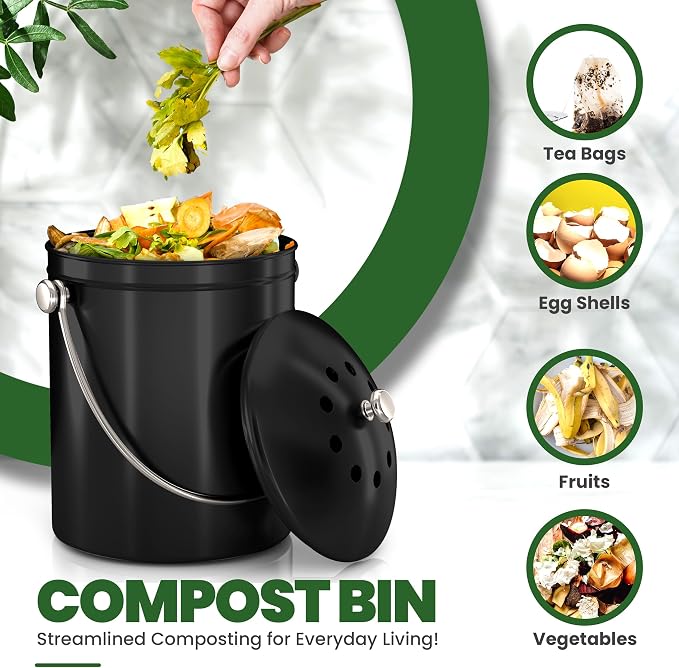 Utopia Kitchen Countertop Compost Bin 1.3 Gallon, Stainless Steel, Black | Odorless countertop compost bin with charcoal filter, ideal for food scraps and waste