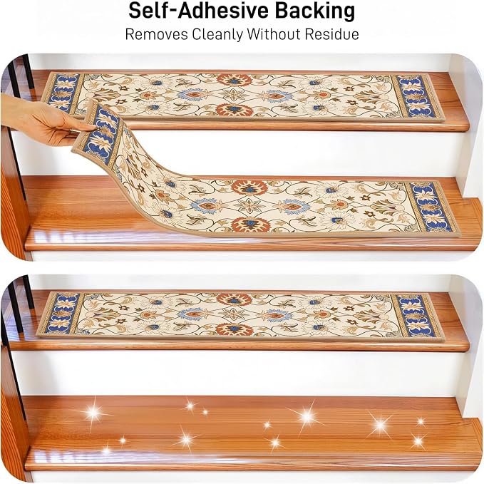 GIB Stair Treads for Wooden Steps Indoor, 15 Pack 8" X 30" Non Slip Carpet Stair Treads with Reusable Adhesive for Kids Elders and Dogs, Boho Vintage Oriental Stair Runner, Ivory