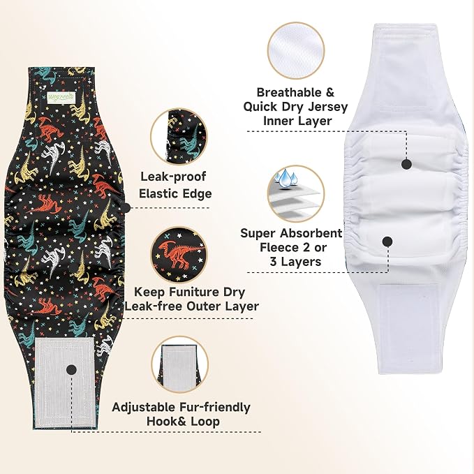 wegreeco Washable Male Dog Belly Band (Stylish Pattern) - Pack of 3 - Dog Diapers Male - Washable Male Dog Belly Wrap (Dinosaur Fossils, Small)