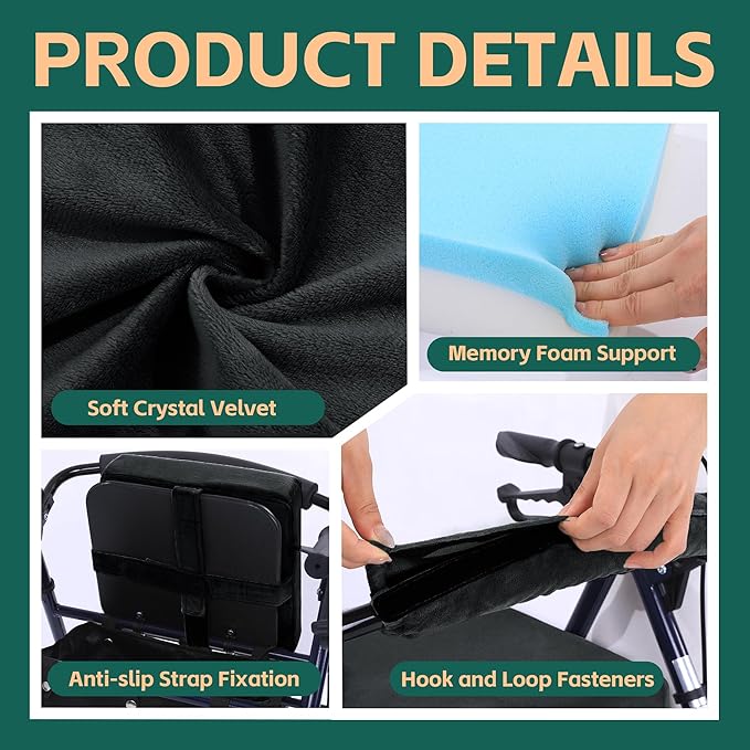 BALAPET Non-Slip Rollator Walker Seat Cushion and Backrest Cover Set for Elderly,Thickened 3in Supportive Memory Foam Walker Seat Cushion, Walker Seat Accessories for Seniors(Black)