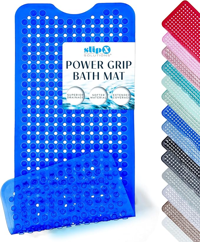 SlipX Solutions Power Grip Bathtub Safety Mat | Precision Grip Technology for Longer, Stronger, & Softer Wet Surface Protection | Clear Blue 39"x16"